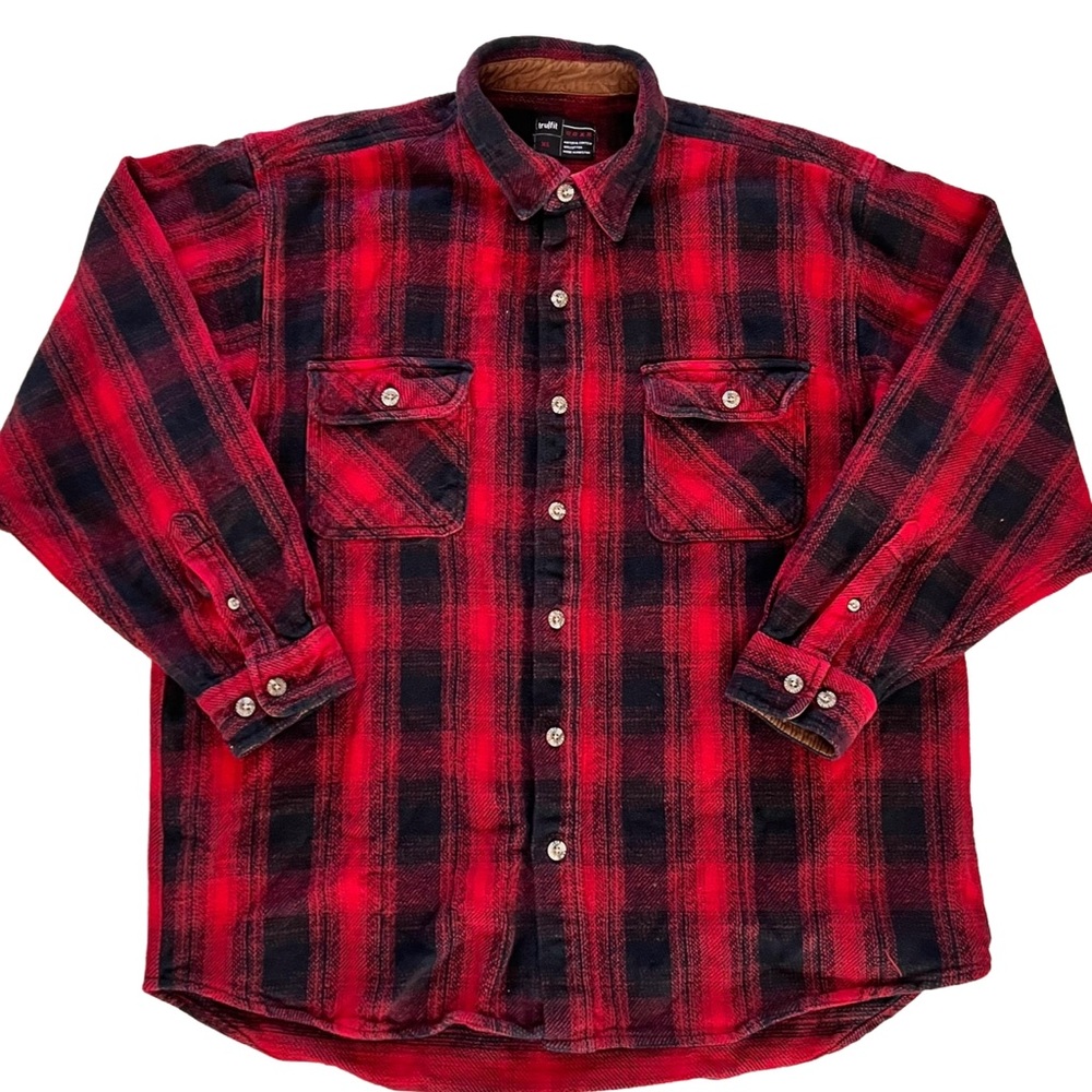 Tru Fit Buffalo Plaid Flannel Button Up Shirt Mens XL Red Black Long Sleeve